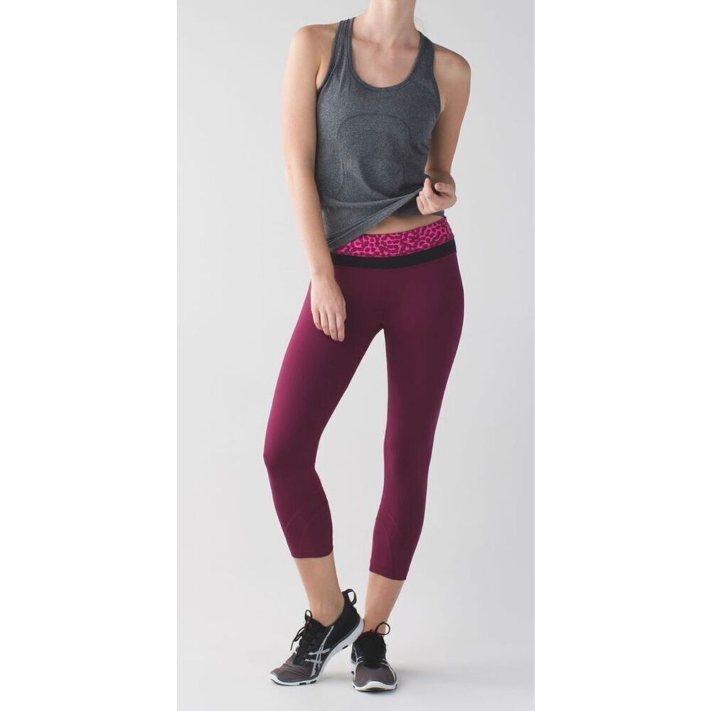 lululemon athletica Wine Red Cropped Leggings with Pink Leopard Waistband - Picture 9 of 9